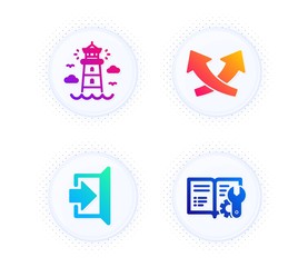 Poster - Intersection arrows, Exit and Lighthouse icons simple set. Button with halftone dots. Engineering documentation sign. Exchange, Escape, Beacon tower. Manual. Industrial set. Vector