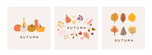 Autumn Mood Greeting Card Poster Template. Welcome Fall Season Thanksgiving Invitation. Minimalist Postcard Nature Leaves, Trees, Pumpkins, Abstract Shapes. Vector Illustration In Flat Cartoon Style