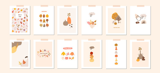 Autumn mood greeting card poster template. Welcome fall season thanksgiving invitation. Minimalist postcard nature leaves, trees, pumpkins, abstract shapes. Vector illustration in flat cartoon style