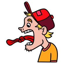 Comic Drawing Of A Boy In A Cap With A Knot In His Tongue. Tongue-twister.