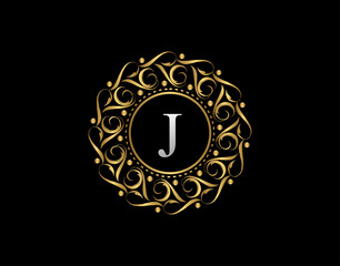 Gold Calligraphic Badge with Letter J Design. Ornamental luxury golden logo design vector illustration.