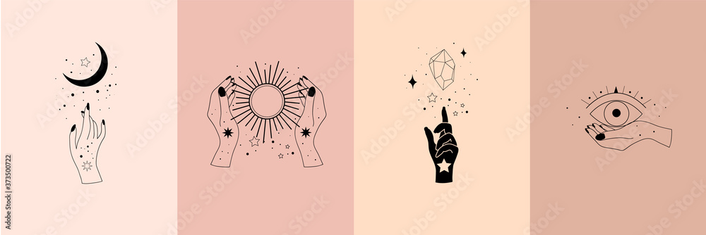 Set of alchemy esoteric mystical magic celestial talisman with woman hands, sun, moon, stars sacred geometry isolated. Spiritual occultism object. Vector illustrations in black outline style - obrazy, fototapety, plakaty 