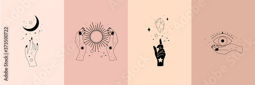 Fotomural Set of alchemy esoteric mystical magic celestial talisman with woman hands, sun, moon, stars sacred geometry isolated