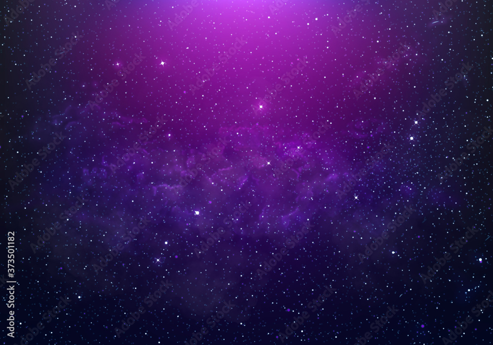 abstract starry Space purple with shining star dust and nebula. Realistic galaxy with milky way and planet background - obrazy, fototapety, plakaty 