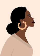 Modern Young African American Black Woman Portrait. Fashion Minimal Trendy Female Face With Dark Skin. Trendy Minimal Poster Print. Vector Hand Drawn Illustration