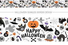 Vector Seamless Border Brush With Halloween Elements. Traditional Samhain Party Horizontal Background. Scary Pattern With Jack-o-lantern, Spider, Ghost, Skull, Bats, Witch, Vampire. .