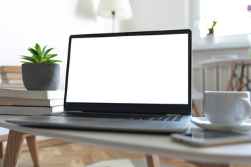 Blank white screen of monitor in laptop on office desk during work from home. Table with computer, cup of coffee, books and succulent in bright interior. Business and job.