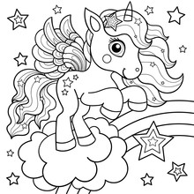 Cute Unicorn On A Rainbow With Stars. Black And White Illustration. Vector