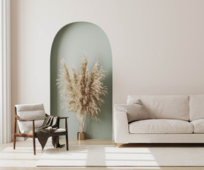 Wall Mural - living room interior mock up, modern furniture and decorative green arch with trendy dried flowers, 