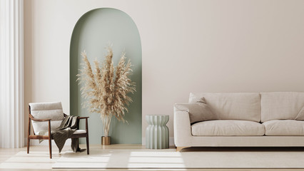 Wall Mural - living room interior mock up, modern furniture and decorative green arch with trendy dried flowers, 