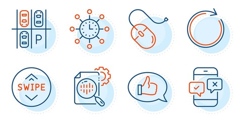 Aufkleber - Parking place, Synchronize and Phone survey signs. World time, Feedback and Swipe up line icons set. Seo stats, Computer mouse symbols. Measurement device, Speech bubble. Technology set. Vector