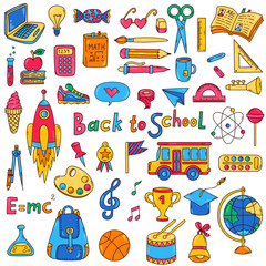 School college education doodle colorful cartoon vector icons