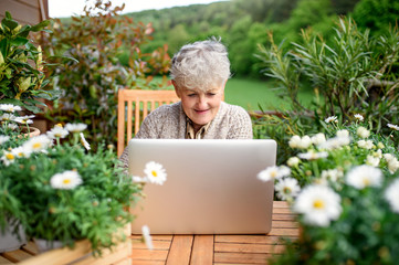 Wall Mural - Senior woman with laptop sitting on terrace in summer, resting.