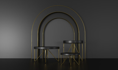 Fototapete - 3D rendering podium black and gold elements. Abstract geometric shape blank podium. Minimal scene step floor abstract composition. Empty showcase, pedestal platform display for product presentation.