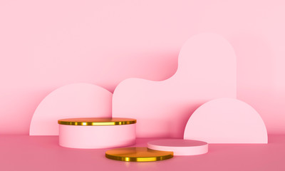 Fototapete - Round podium, pedestal or platform, cosmetic background for product presentation. 3d illustration. Bright podium. Advertising place. Blank product stand background in pastel pink blue colors.