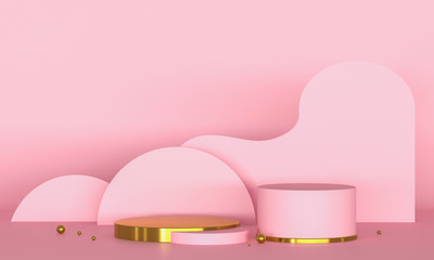 Fototapete - Round podium, pedestal or platform, cosmetic background for product presentation. 3d illustration. Bright podium. Advertising place. Blank product stand background in pastel pink blue colors.