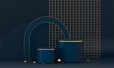 Fototapete - 3D rendering podium geometry with blue and gold elements. Abstract geometric shape blank podium. Minimal scene round step floor abstract composition. Empty showcase, pedestal platform display