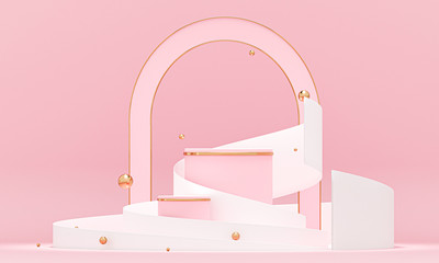 Fototapete - 3D rendering white podium geometry with gold elements. Abstract geometric shape blank podium. Scene for product presentation. Empty showcase, pedestal platform display.