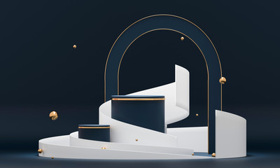Fototapete - 3D rendering podium geometry with blue and gold elements. Abstract geometric shape blank podium. Minimal scene round step floor abstract composition. Empty showcase, pedestal platform display.