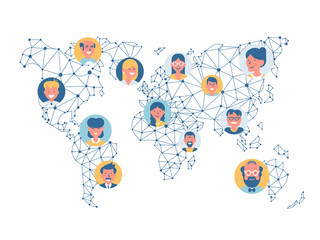 Vector wireframe mesh polygonal world map with various flat design character avatars. Global business network. International team. Business worldwide