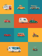 Quality Flat Vector Banner Or Poster Template On Summer Travel Cars, Vans And Other Vehicles. Packed For Summer Vacation Road Trip. Large Variety Of Leisure And Camping Cars