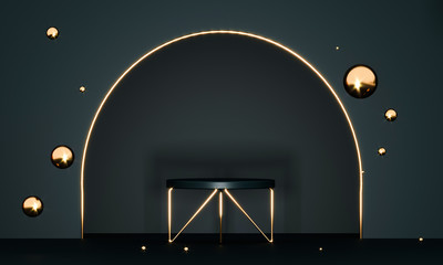 Poster - 3d rendering black podium geometry with gold elements. product presentation blank podium. minimal sc