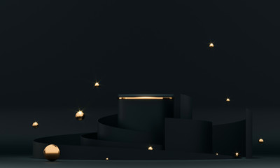 Poster - 3d rendering black podium geometry with gold elements. product presentation blank podium. minimal sc