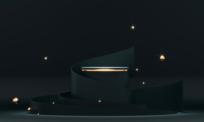 Poster - 3D rendering black podium geometry with gold elements. Product presentation blank podium. Minimal scene round step floor abstract composition. Empty showcase, pedestal platform display.