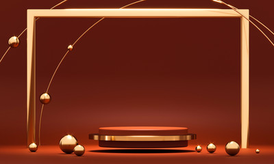 Poster - 3d rendering red podium geometry with gold elements. product presentation blank podium. minimal scen