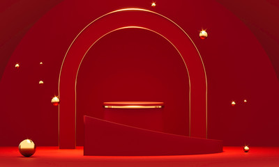 Fototapete - 3D rendering red podium geometry with gold elements. Product presentation blank podium. Minimal scene round step floor abstract composition. Empty showcase, pedestal platform display.