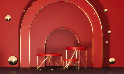 Poster - 3d rendering red podium geometry with gold elements. product presentation blank podium. minimal scen