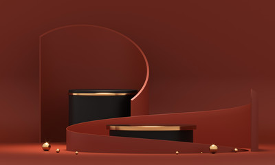 Poster - 3d rendering red podium geometry with gold elements. product presentation blank podium. minimal scen