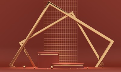 Poster - 3d rendering red podium geometry with gold elements. product presentation blank podium. minimal scen