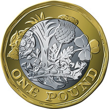 Vector British Money Gold Coin One Pound New 12-sided Design With English Rose, Leek For Wales, Scottish Thistle And Shamrock For Northern Ireland