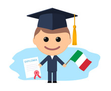 Cartoon Graduate With Graduation Cap Holding Diploma And Flag Of Italy