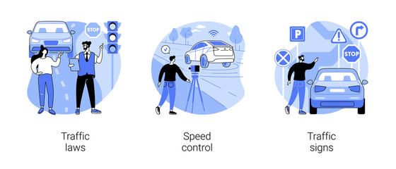 Vehicle movement regulation abstract concept vector illustration set. Traffic laws, speed control, traffic signs, driving license, road safety, police radar, speed limit, transport abstract metaphor.