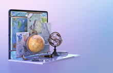 Distance Learning, Online Education, Back To School Concept. Geography Globe, Compass, Tablet Screen Background Geographic Maps. Online Video Geography Digital Classroom Lesson 3D Design Illustration