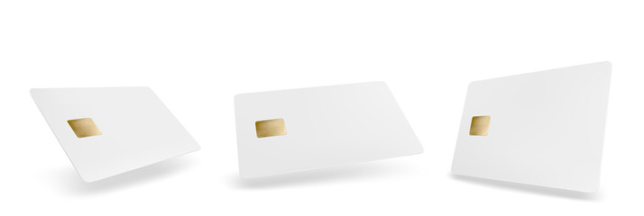 Blank plastic credit card template. Vector realistic mockup of empty white banking, shopping or discount card with chip in perspective view isolated on white background