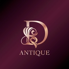 Antique D Letter Initial Logo Elegance Gold Rose Luxury Ornate Deco Swirl Shape Design.