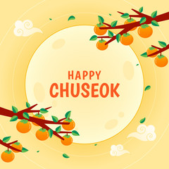 Wall Mural - Happy Chuseok greeting card vector illustration. Persimmon branch on orange sky