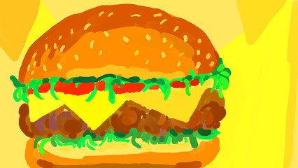 Digital painting of a big beef burger on a yellow background.