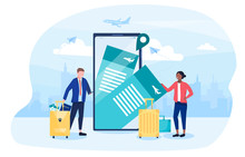 Two Travellers Or Tourists With Luggage Ordering Travel Tickets Online On A Mobile Device, Colored Vector Illustration