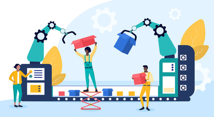 Poster - Automated packing of goods by industrial robots with people assisting in the process, colored vector illustration