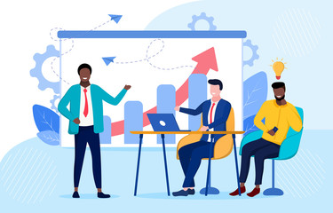 Poster - businessman making a presentation of a good idea to colleagues or potential clients discussing analy