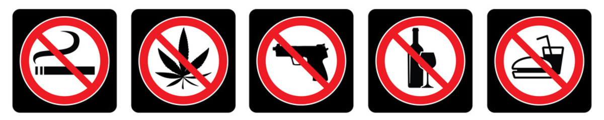 No smoking sign, No foods symbol, no alcohol icon, no weapon and marijuana icon- Prohibition sign collection on black background