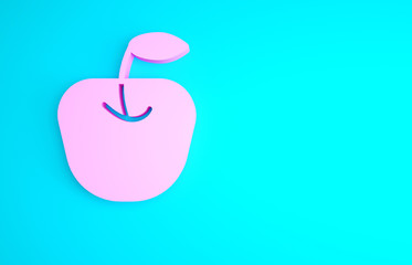 Poster - Pink Apple icon isolated on blue background. Fruit with leaf symbol. Minimalism concept. 3d illustration 3D render.