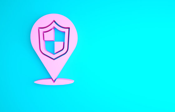 Pink Location shield icon isolated on blue background. Insurance concept. Guard sign. Security, safety, protection, privacy concept. Minimalism concept. 3d illustration 3D render.
