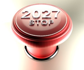 Poster - 2027 STOP on red emergency push button - 3D rendering illustration