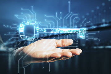 Poster - Hand holding glowing circuit digital key