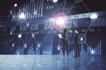 Aufkleber - Businessman and businesswoman drawing  financial analytics hologram